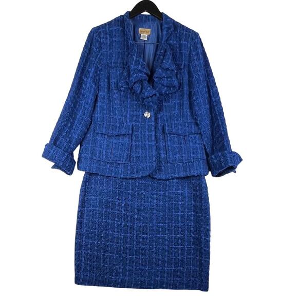 Midnight Velvet Blue Ruffled Structured Tweed Bouclé Pencil Skirt Suit Set 14 - Picture 1 of 11